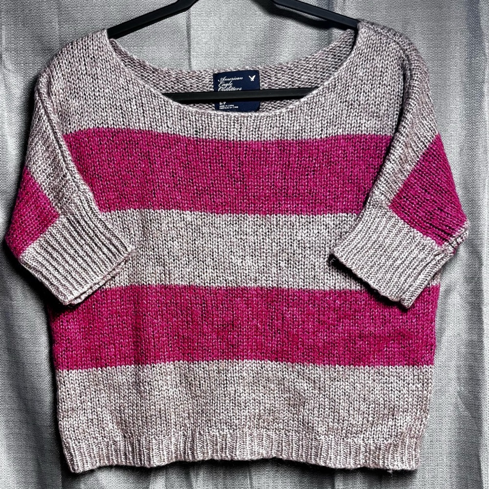 Y2K American Eagle Outfitters Striped Cropped Short Sleeve Knit Sweater